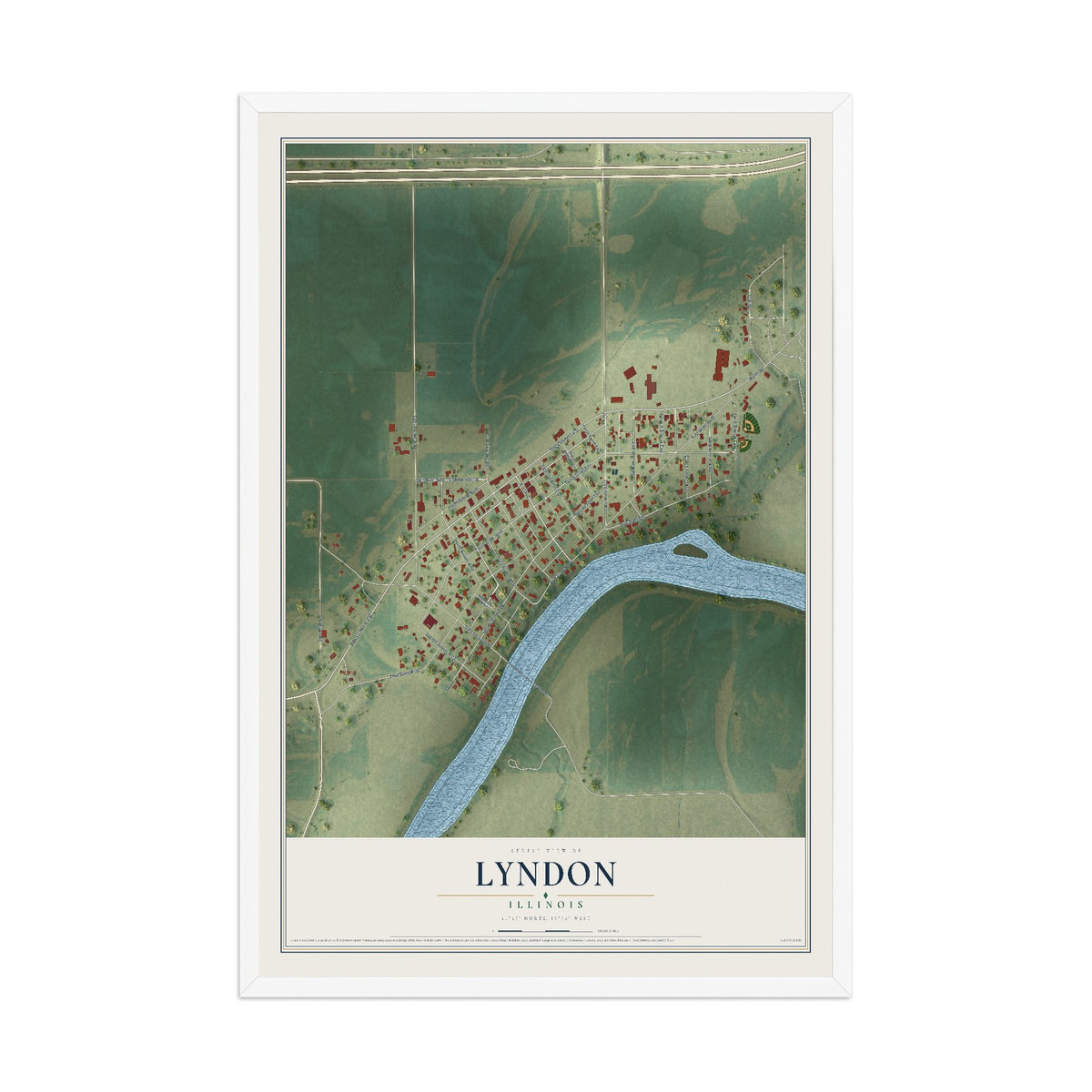 Map of Lyndon, Illinois, 12 x 18 inch print in a white wood frame