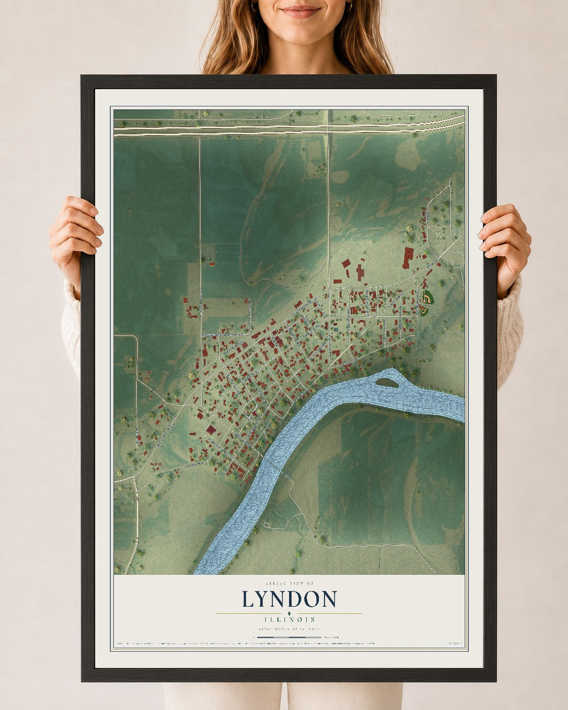 Map of Lyndon, Illinois, 24 x 36 inch print in a black wood frame