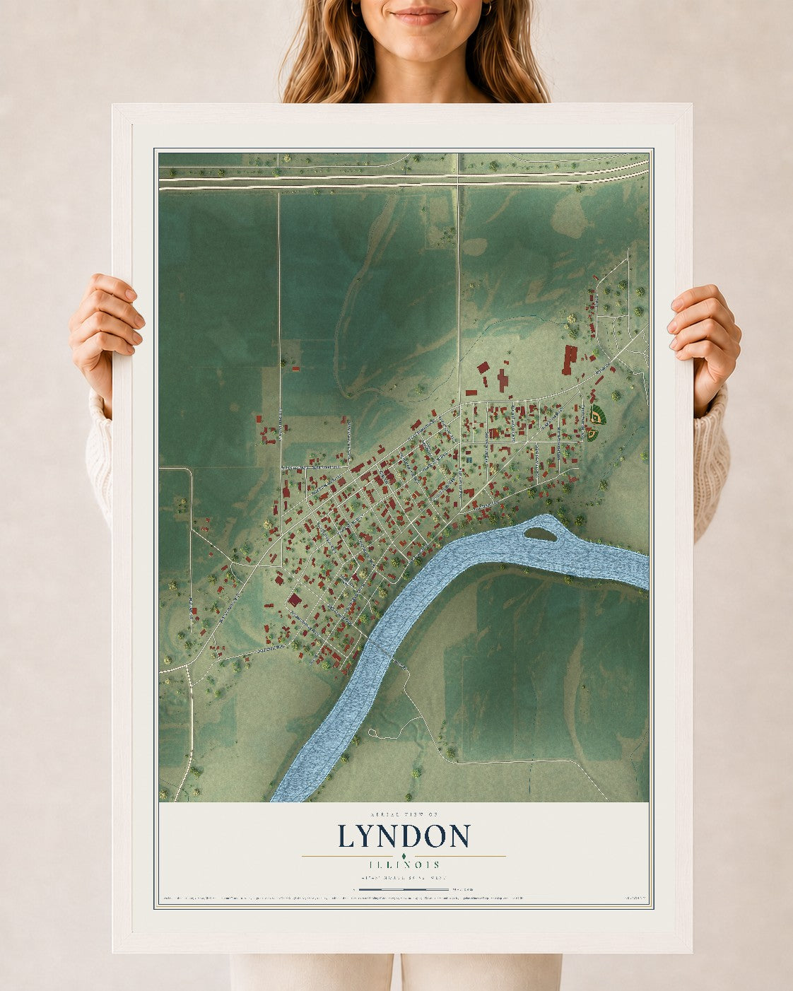 Map of Lyndon, Illinois, 24 x 36 inch print in a white wood frame