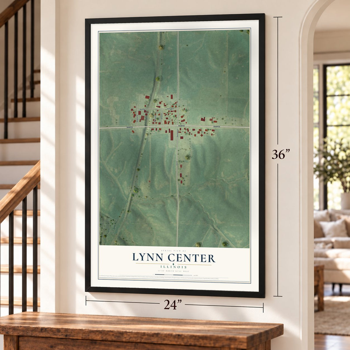 Lynn Center, Illinois map, 24 x 36 inch print in a black frame by a staircase
