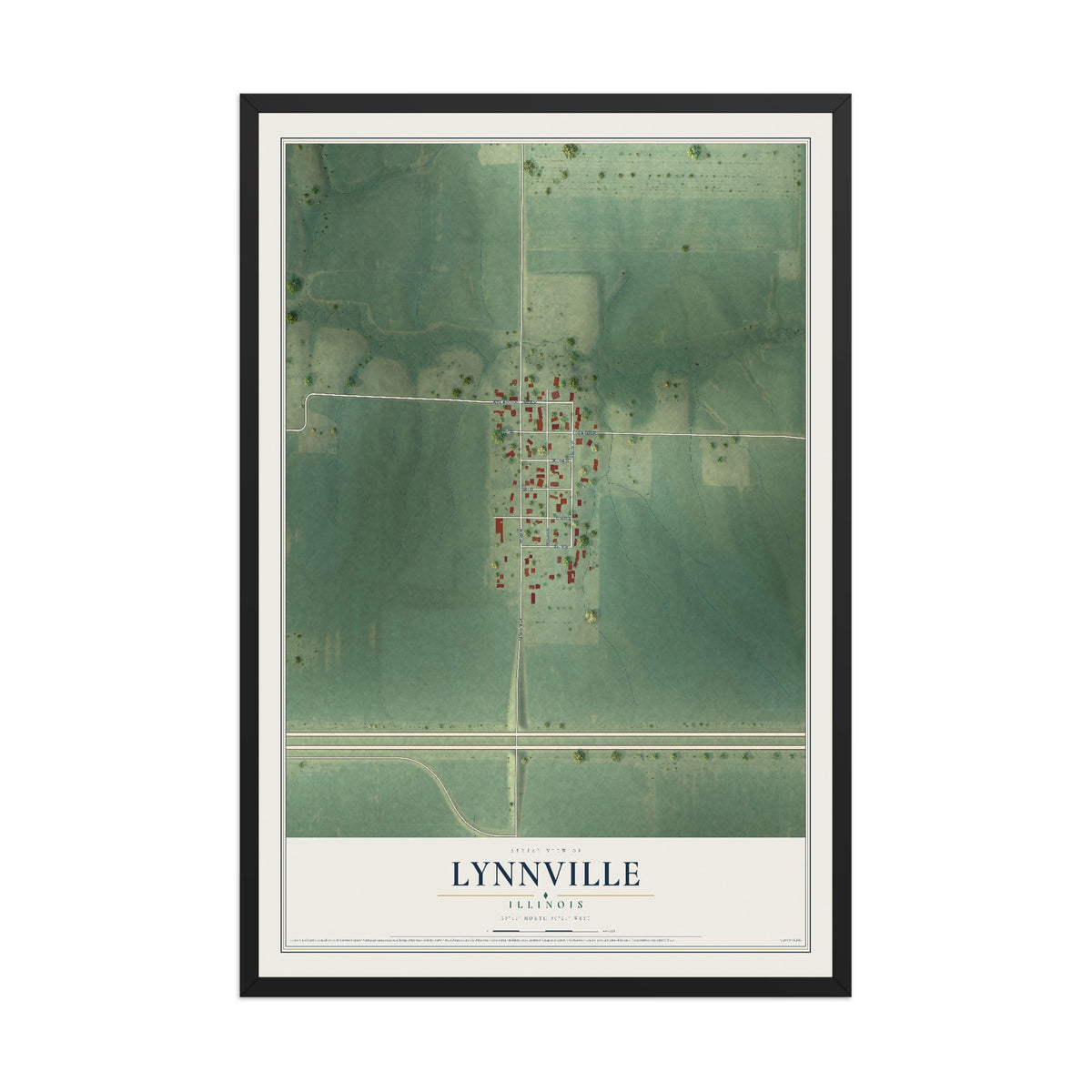 Map of Lynnville, Illinois, 12 x 18 inch print in a black wood frame