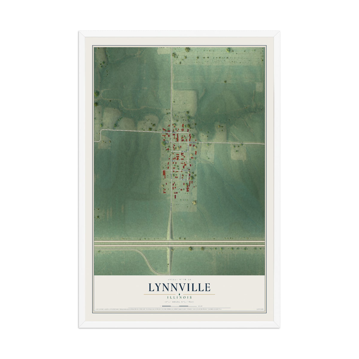 Map of Lynnville, Illinois, 12 x 18 inch print in a white wood frame