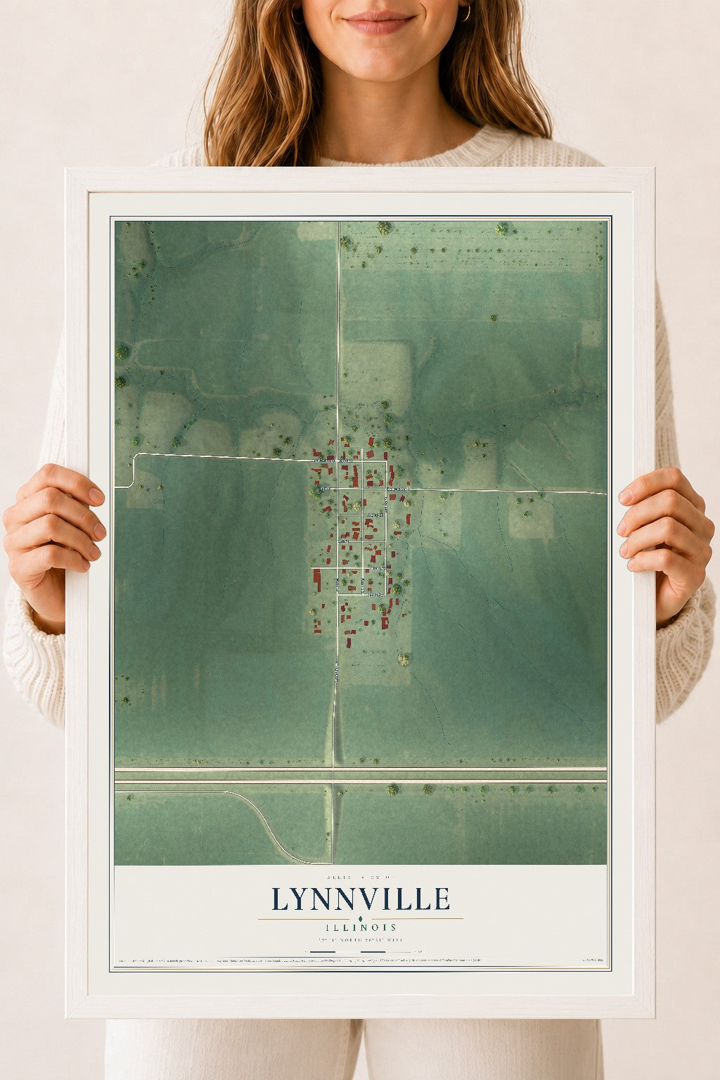 Map of Lynnville, Illinois, 18 x 24 inch print in a white wood frame