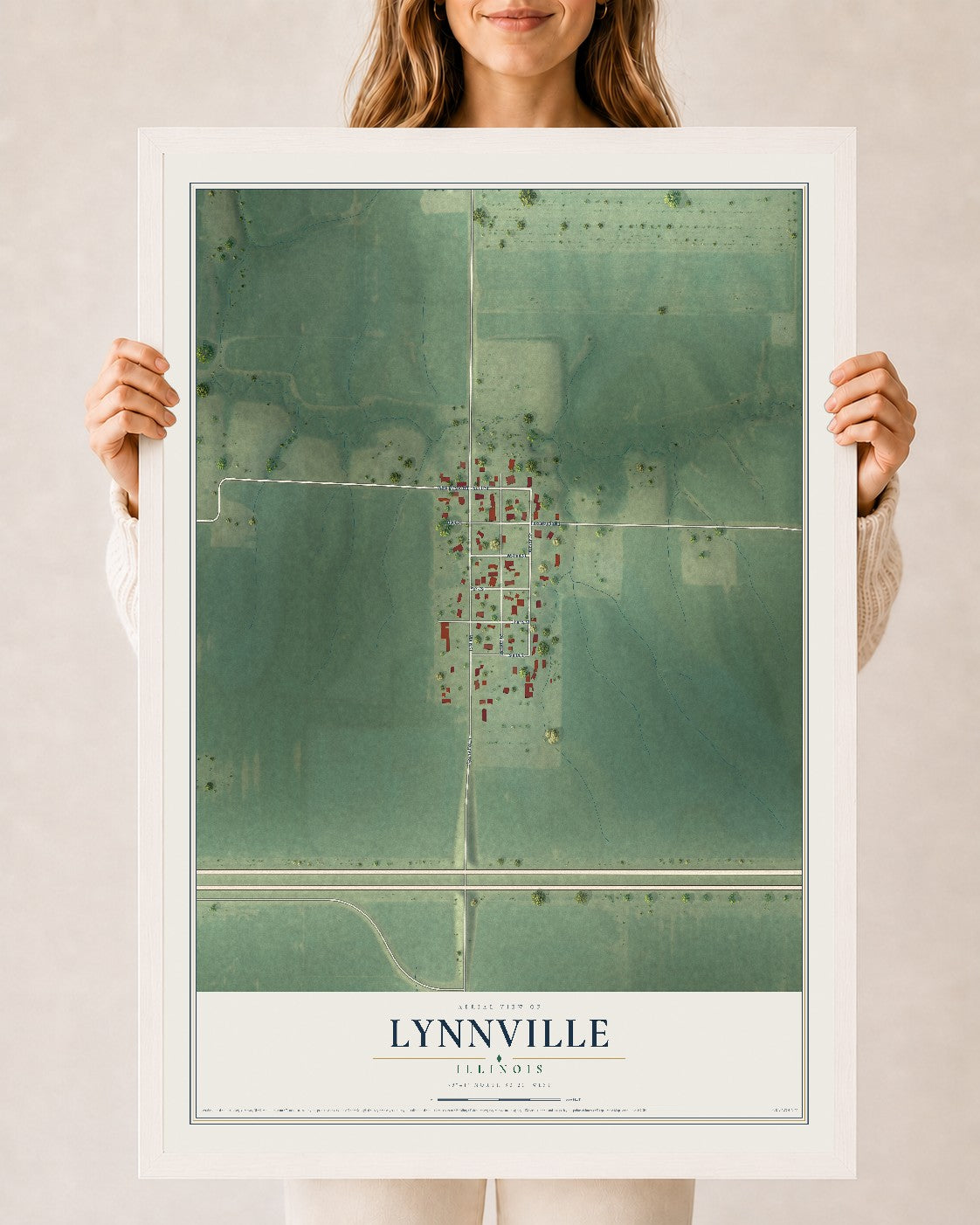 Map of Lynnville, Illinois, 24 x 36 inch print in a white wood frame