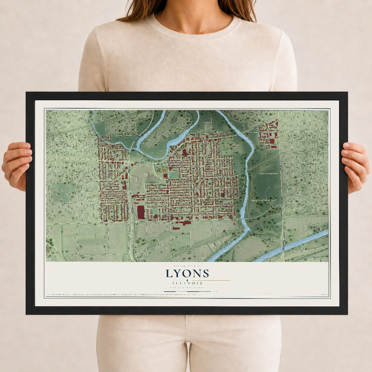 Map of Lyons, Illinois, 12 x 18 inch print in a black wood frame