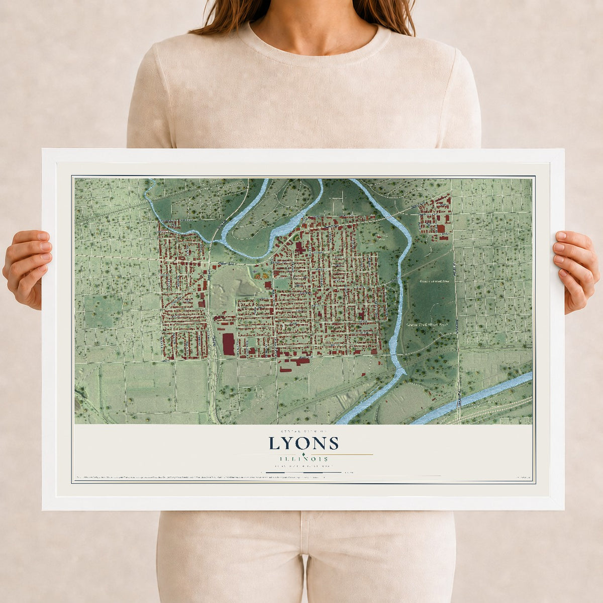 Map of Lyons, Illinois, 12 x 18 inch print in a white wood frame
