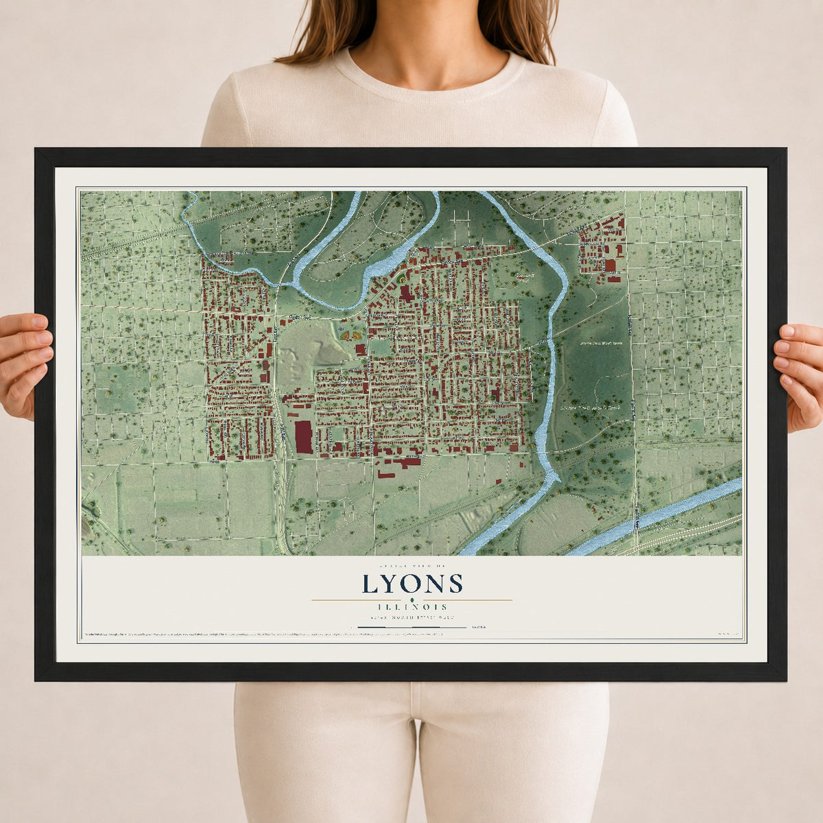 Map of Lyons, Illinois, 18 x 24 inch print in a black wood frame