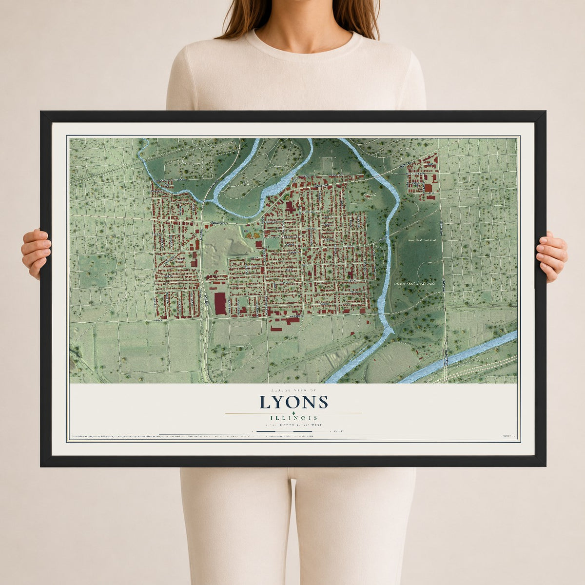 Map of Lyons, Illinois, 24 x 36 inch print in a black wood frame