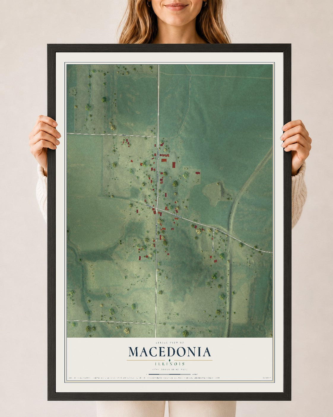 Map of Macedonia, Illinois, 24 x 36 inch print in a black wood frame