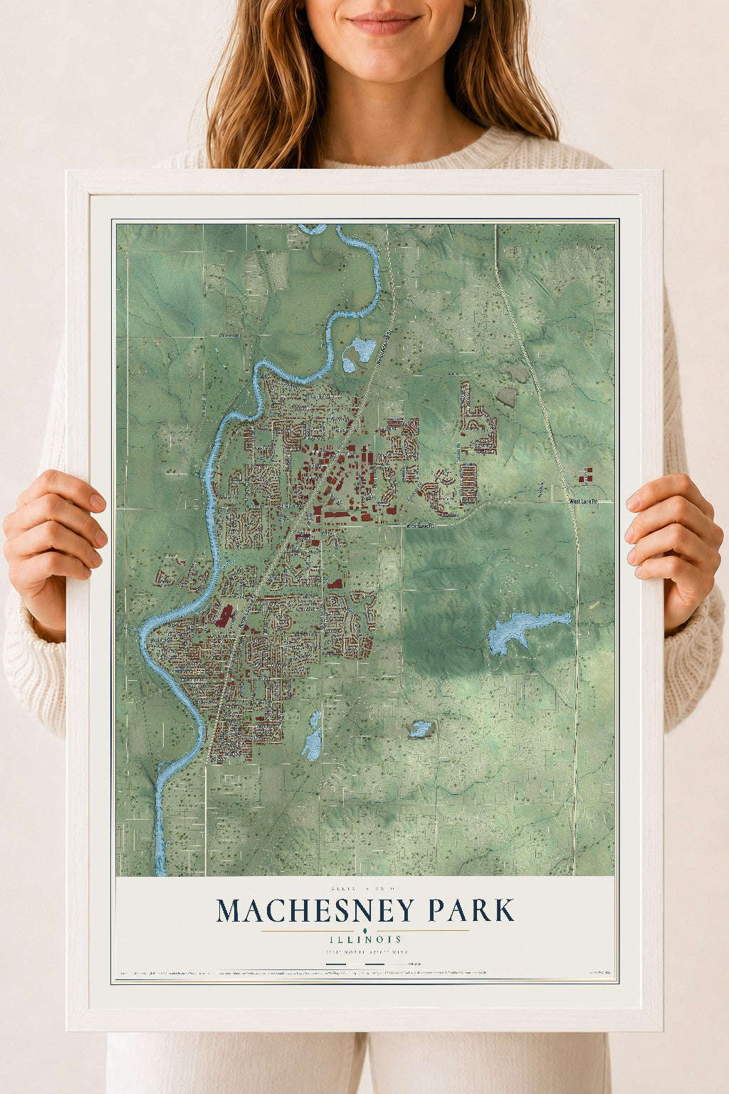 Map of Machesney Park, Illinois, 18 x 24 inch print in a white wood frame