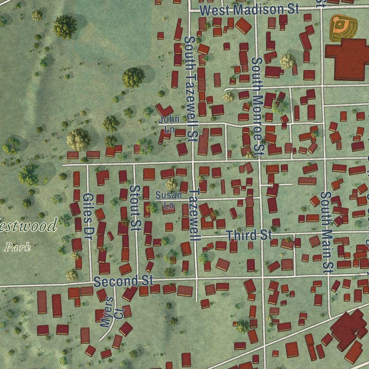 Close-up of the map of Mackinaw, Illinois print showing street and building detail