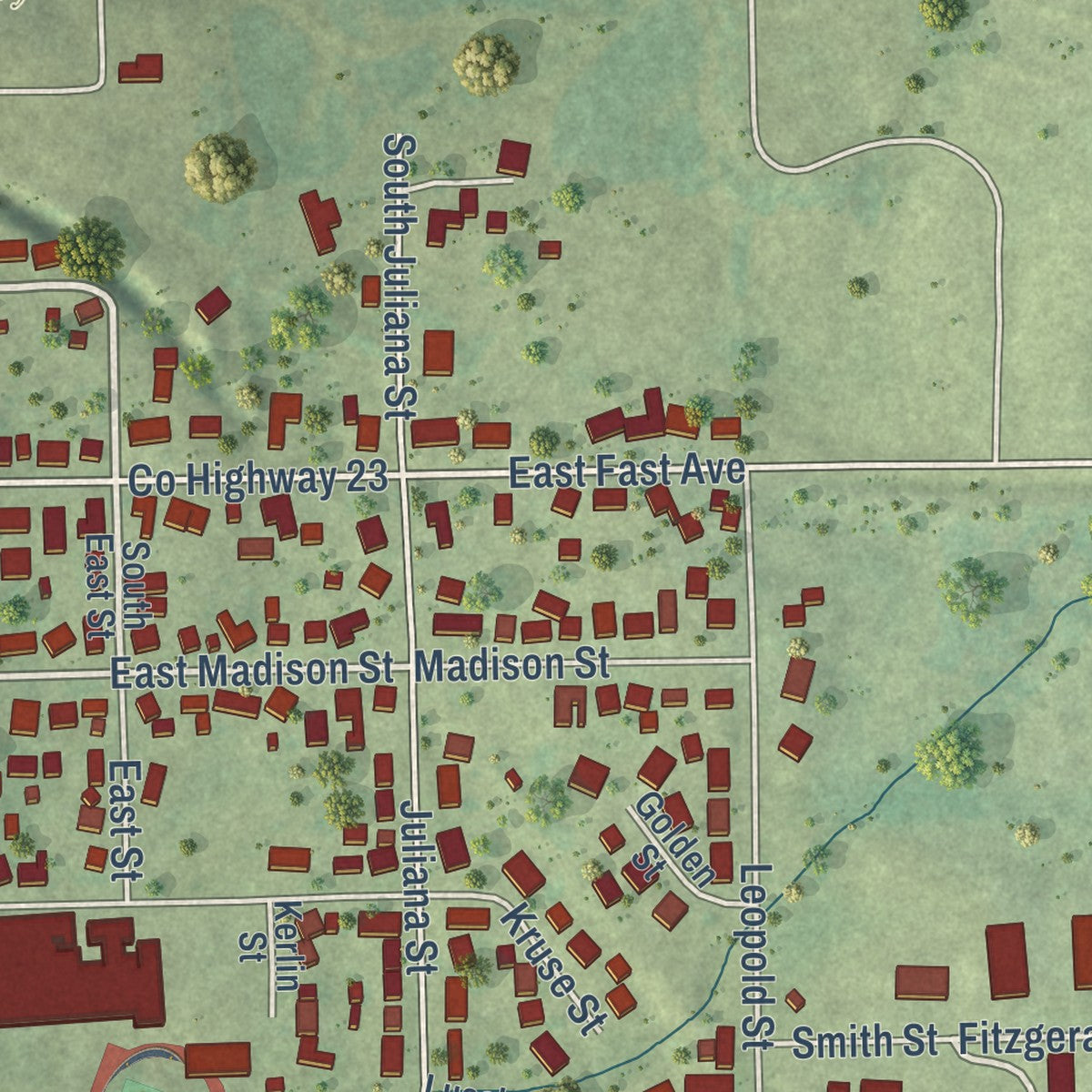 Second close-up of the map of Mackinaw, Illinois print showing more streets and buildings