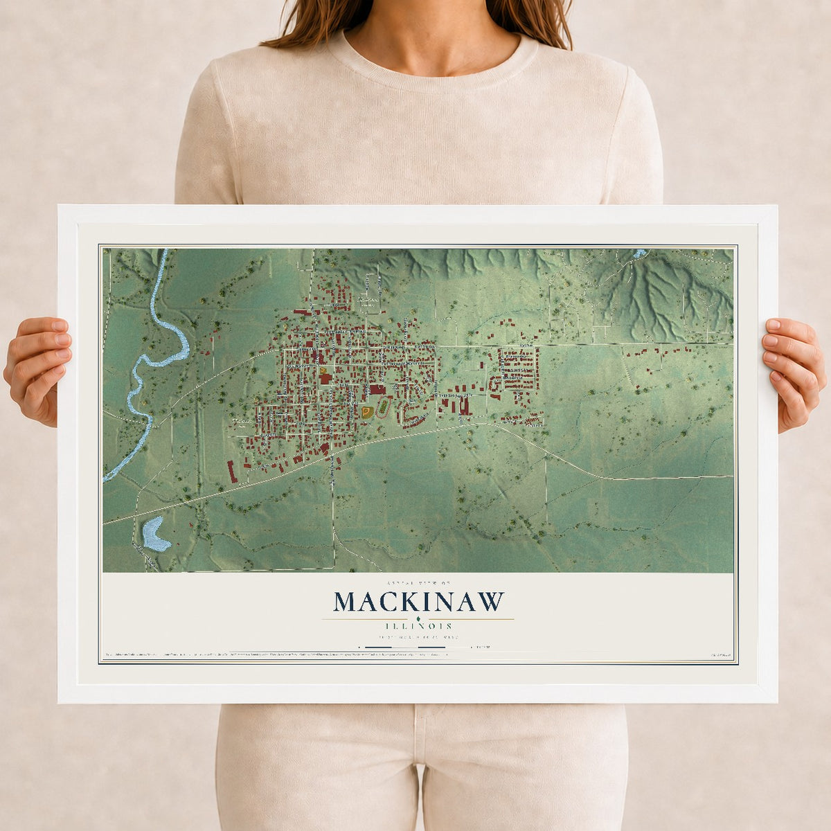 Map of Mackinaw, Illinois, 12 x 18 inch print in a white wood frame