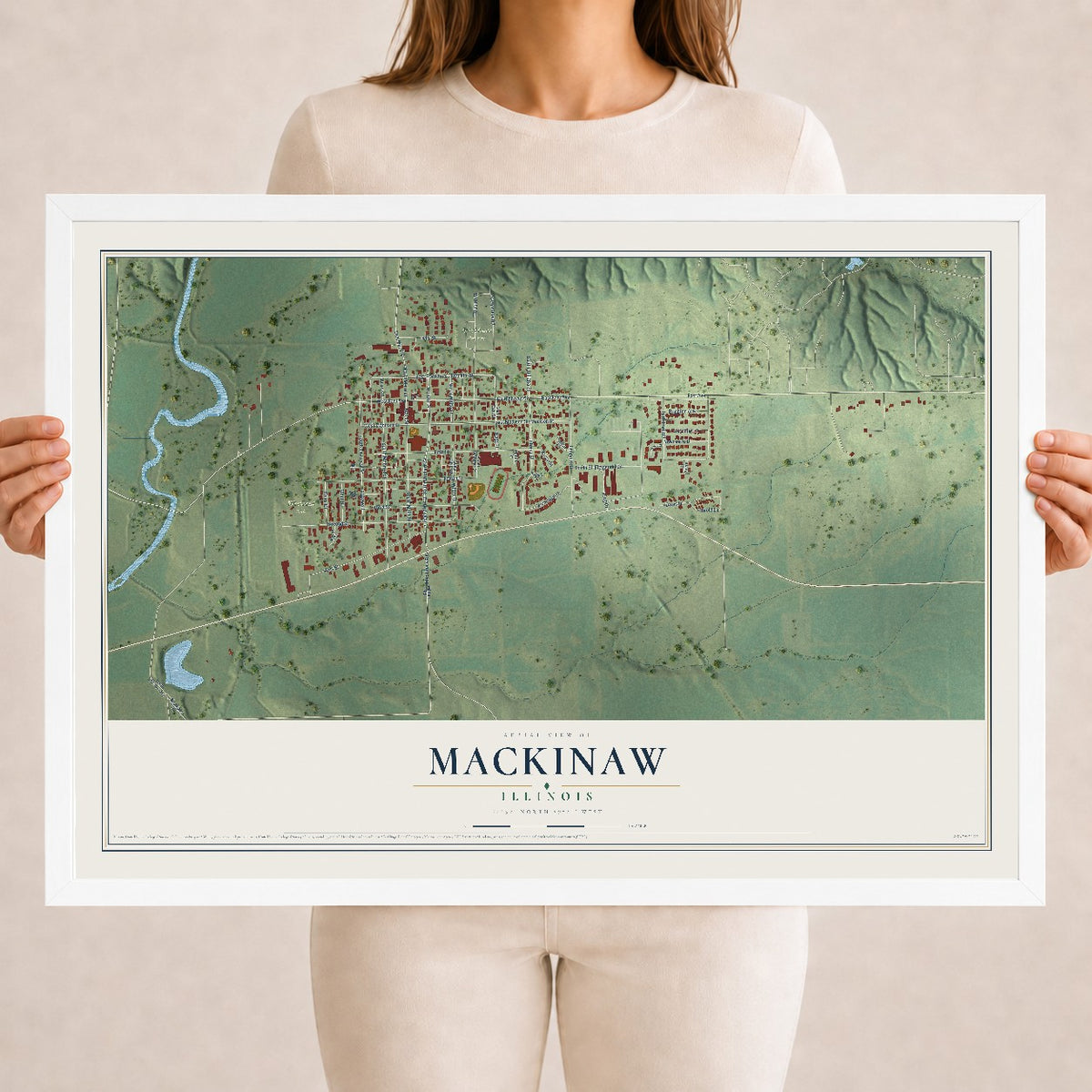 Map of Mackinaw, Illinois, 18 x 24 inch print in a white wood frame