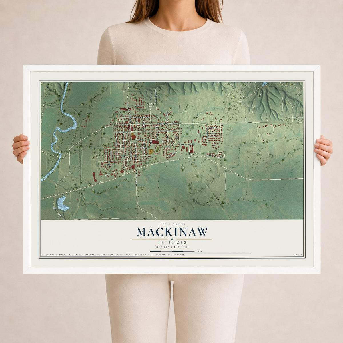 Map of Mackinaw, Illinois, 24 x 36 inch print in a white wood frame