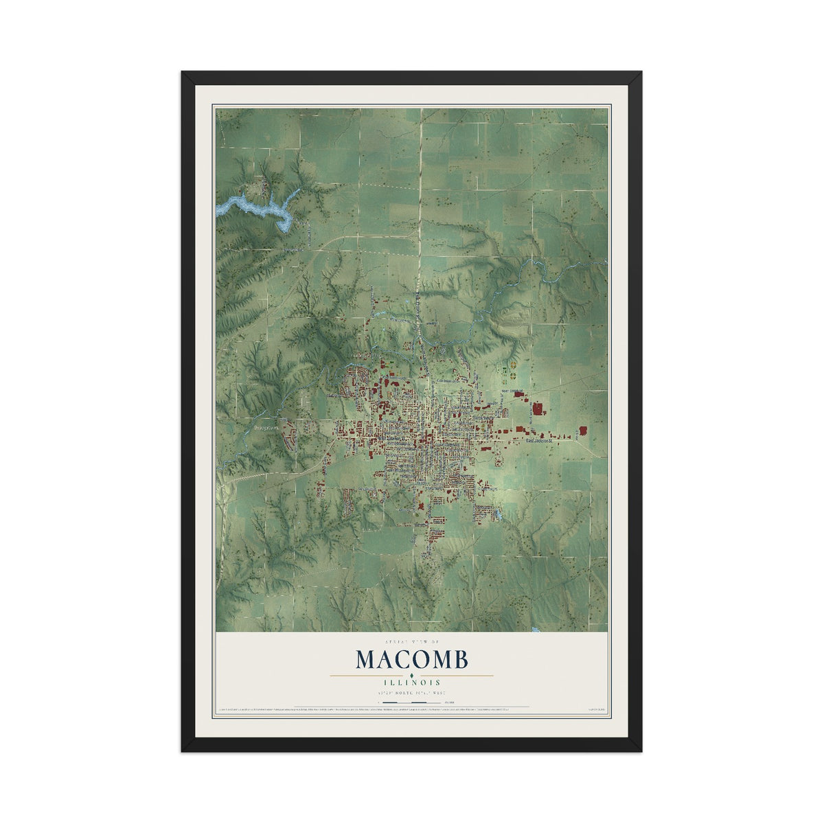 Map of Macomb, Illinois, 12 x 18 inch print in a black wood frame