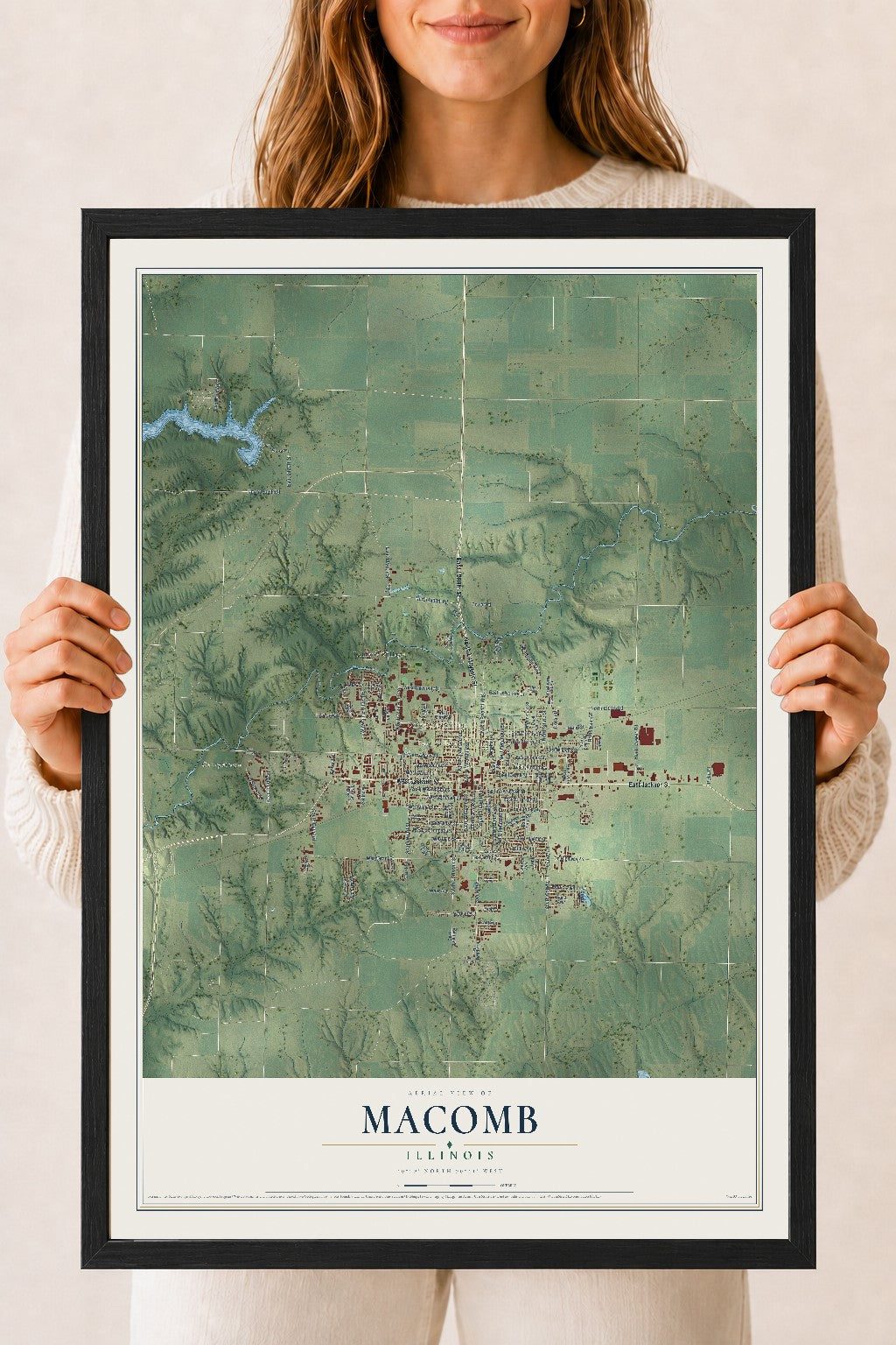 Map of Macomb, Illinois, 18 x 24 inch print in a black wood frame