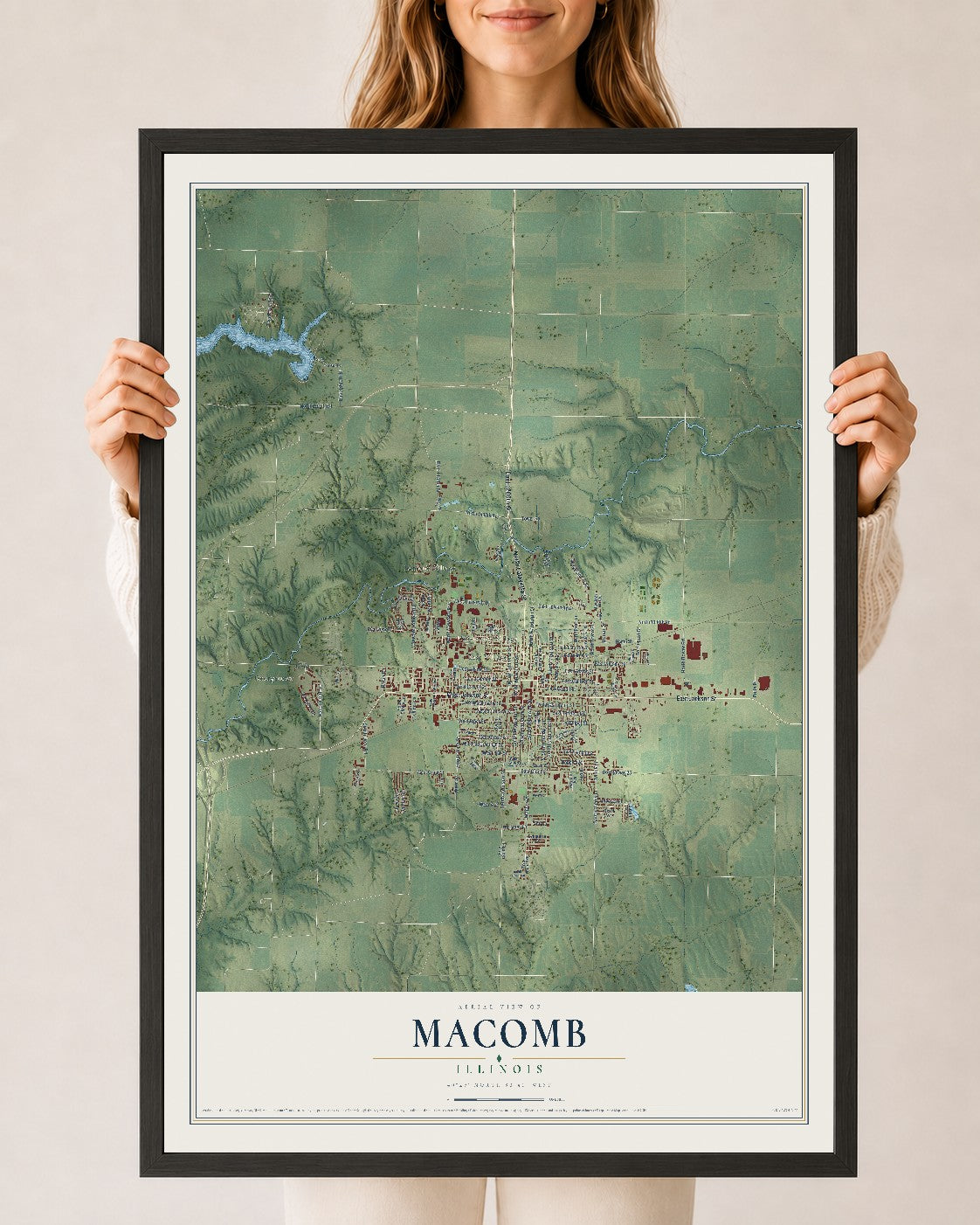 Map of Macomb, Illinois, 24 x 36 inch print in a black wood frame