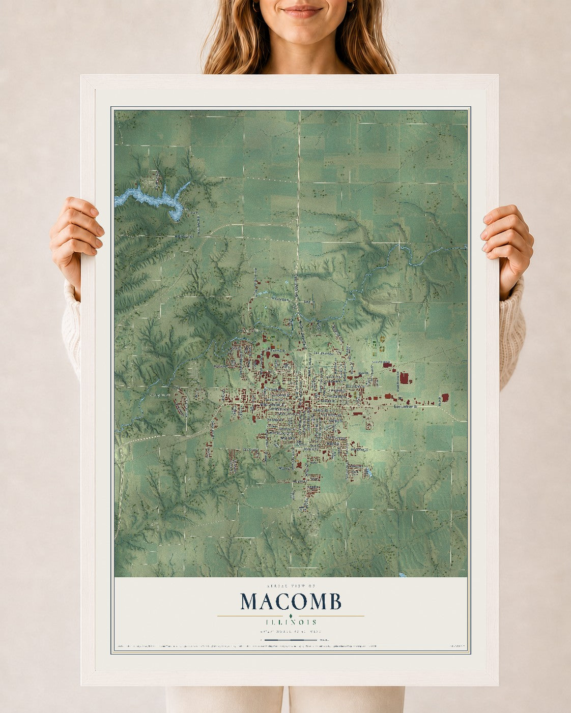 Map of Macomb, Illinois, 24 x 36 inch print in a white wood frame