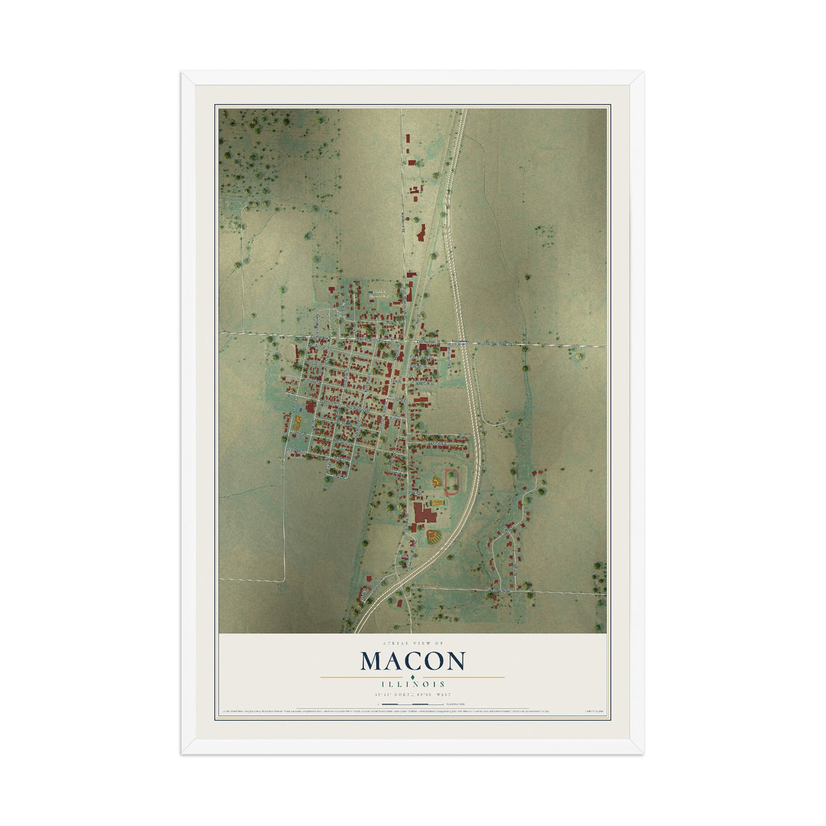 Map of Macon, Illinois, 12 x 18 inch print in a white wood frame