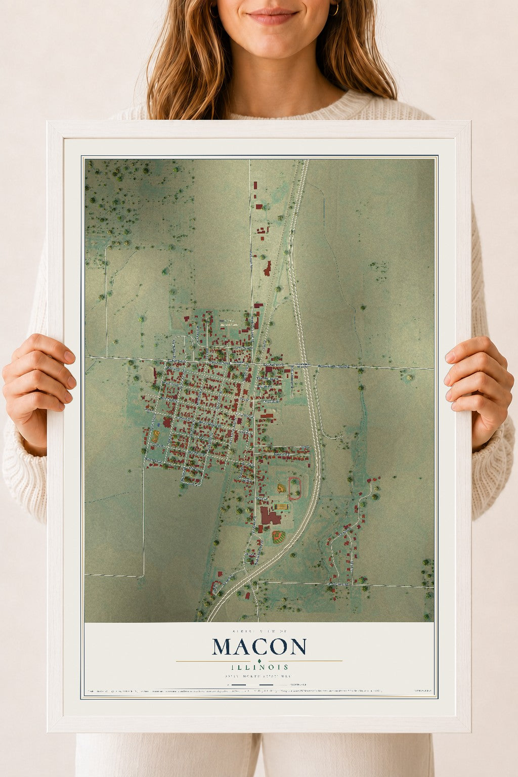 Map of Macon, Illinois, 18 x 24 inch print in a white wood frame