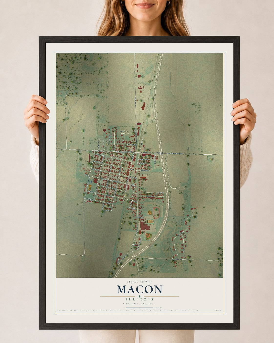 Map of Macon, Illinois, 24 x 36 inch print in a black wood frame