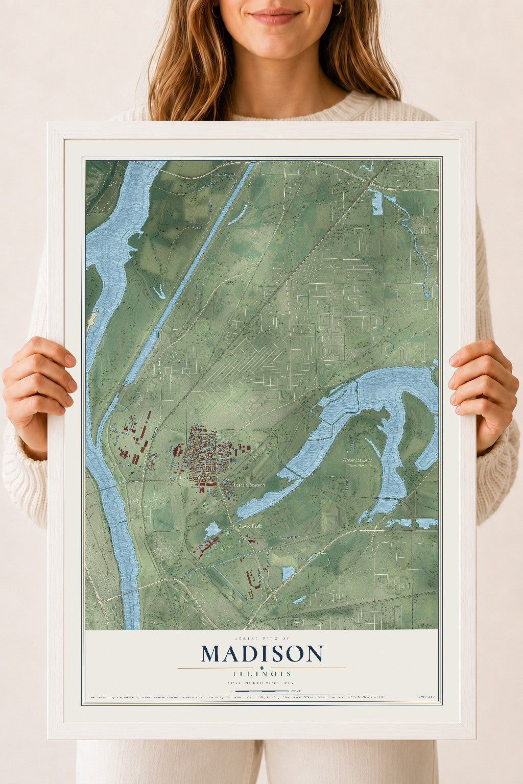 Map of Madison, Illinois, 18 x 24 inch print in a white wood frame