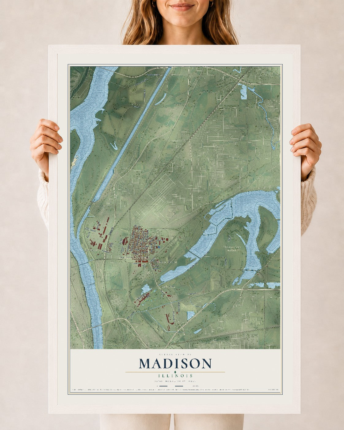 Map of Madison, Illinois, 24 x 36 inch print in a white wood frame