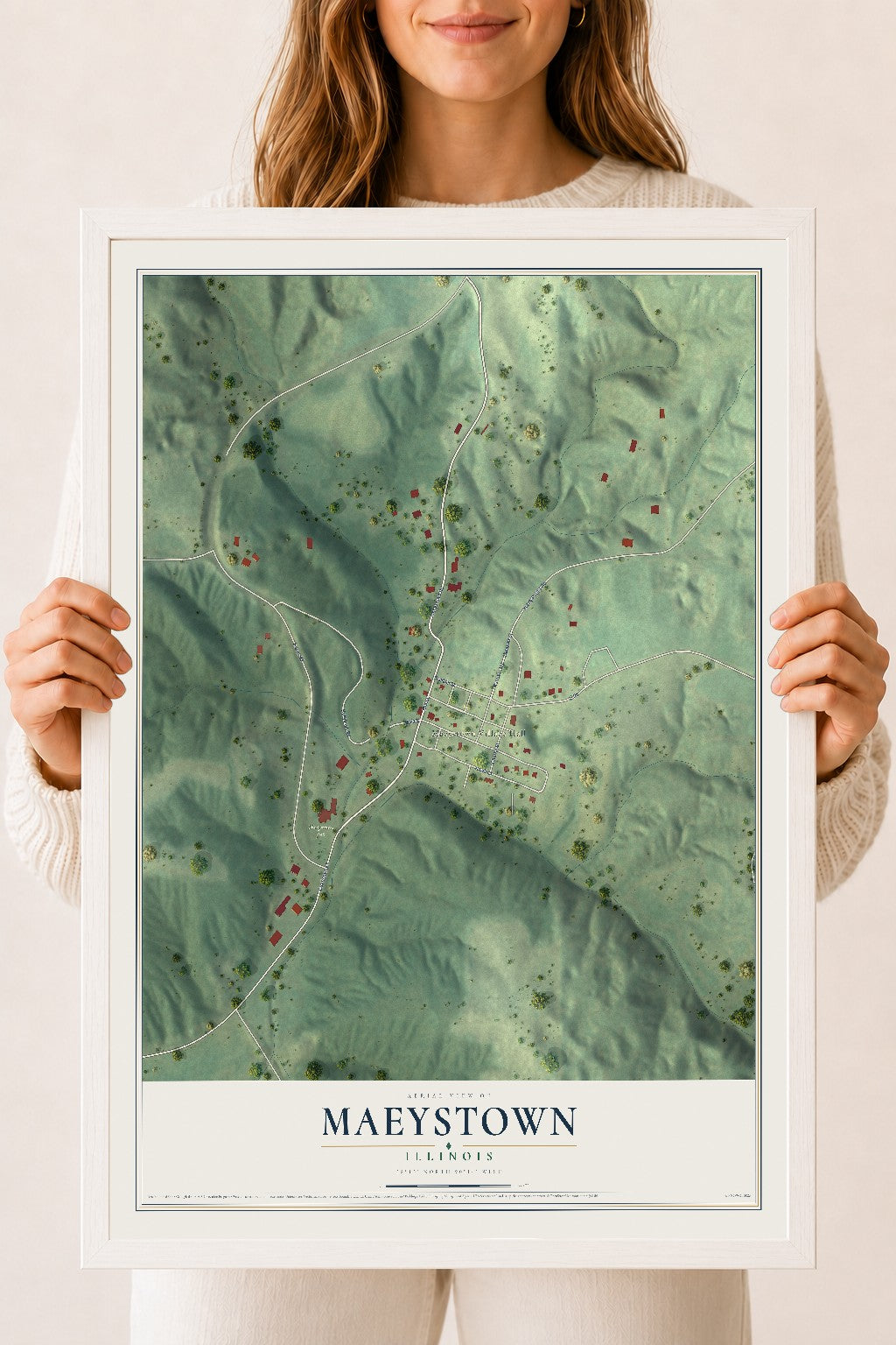 Map of Maeystown, Illinois, 18 x 24 inch print in a white wood frame