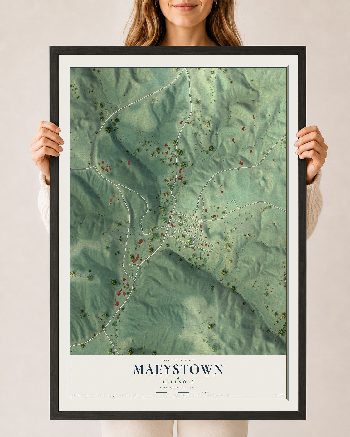 Map of Maeystown, Illinois, 24 x 36 inch print in a black wood frame