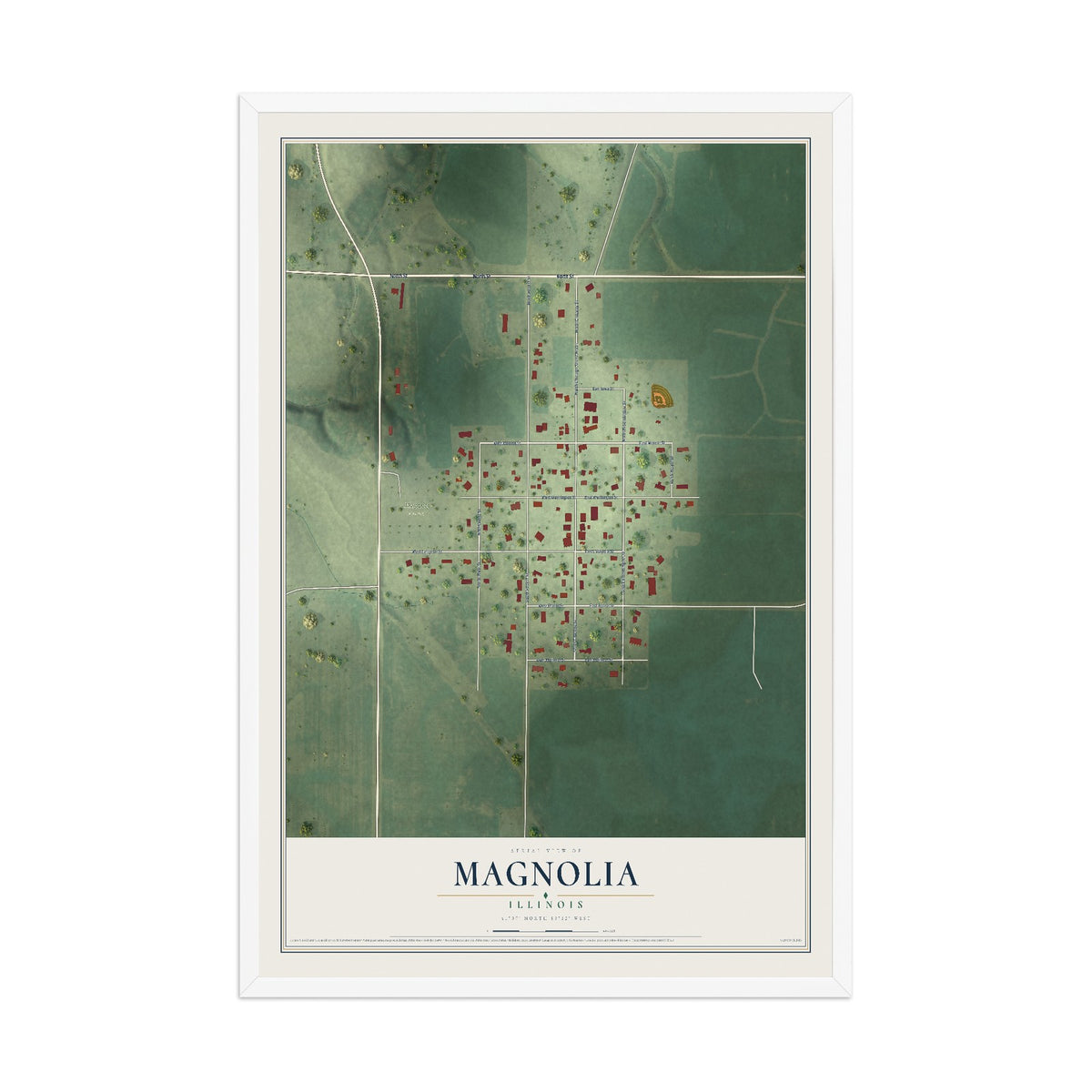 Map of Magnolia, Illinois, 12 x 18 inch print in a white wood frame