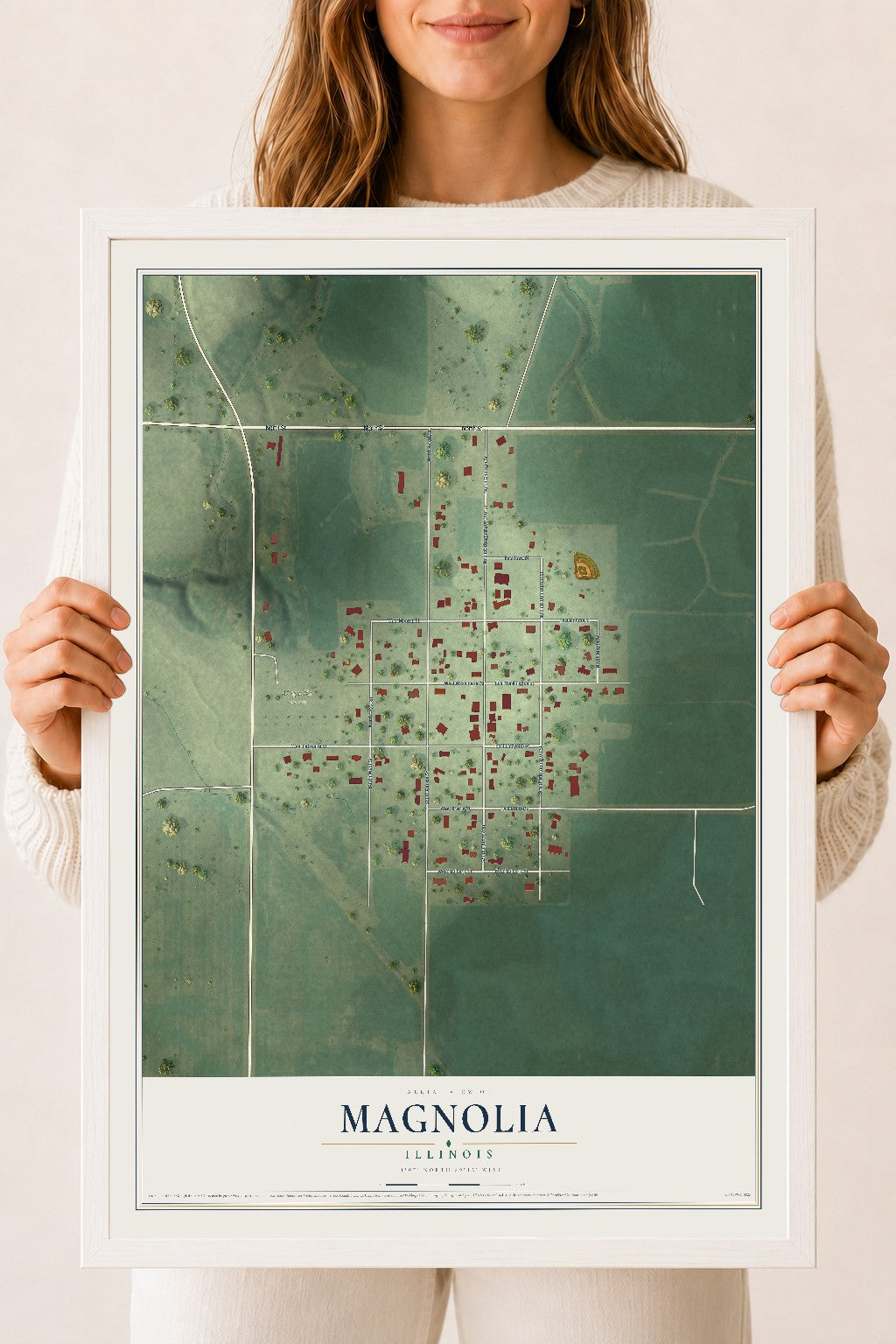 Map of Magnolia, Illinois, 18 x 24 inch print in a white wood frame