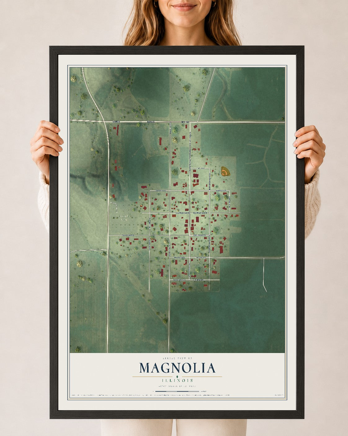 Map of Magnolia, Illinois, 24 x 36 inch print in a black wood frame