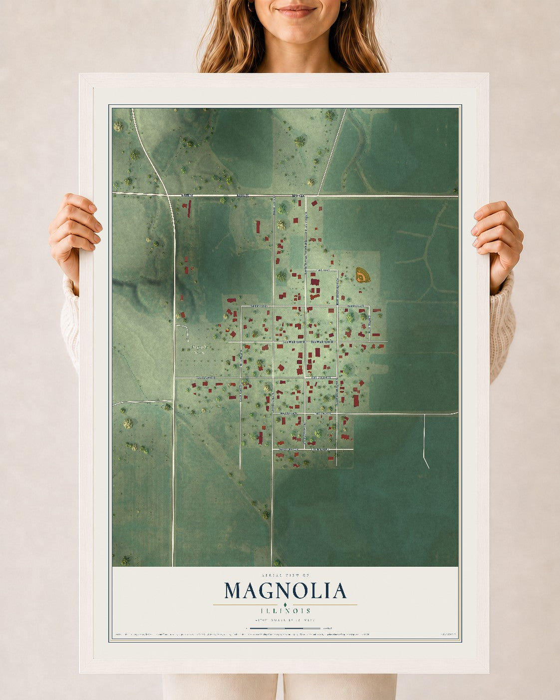 Map of Magnolia, Illinois, 24 x 36 inch print in a white wood frame