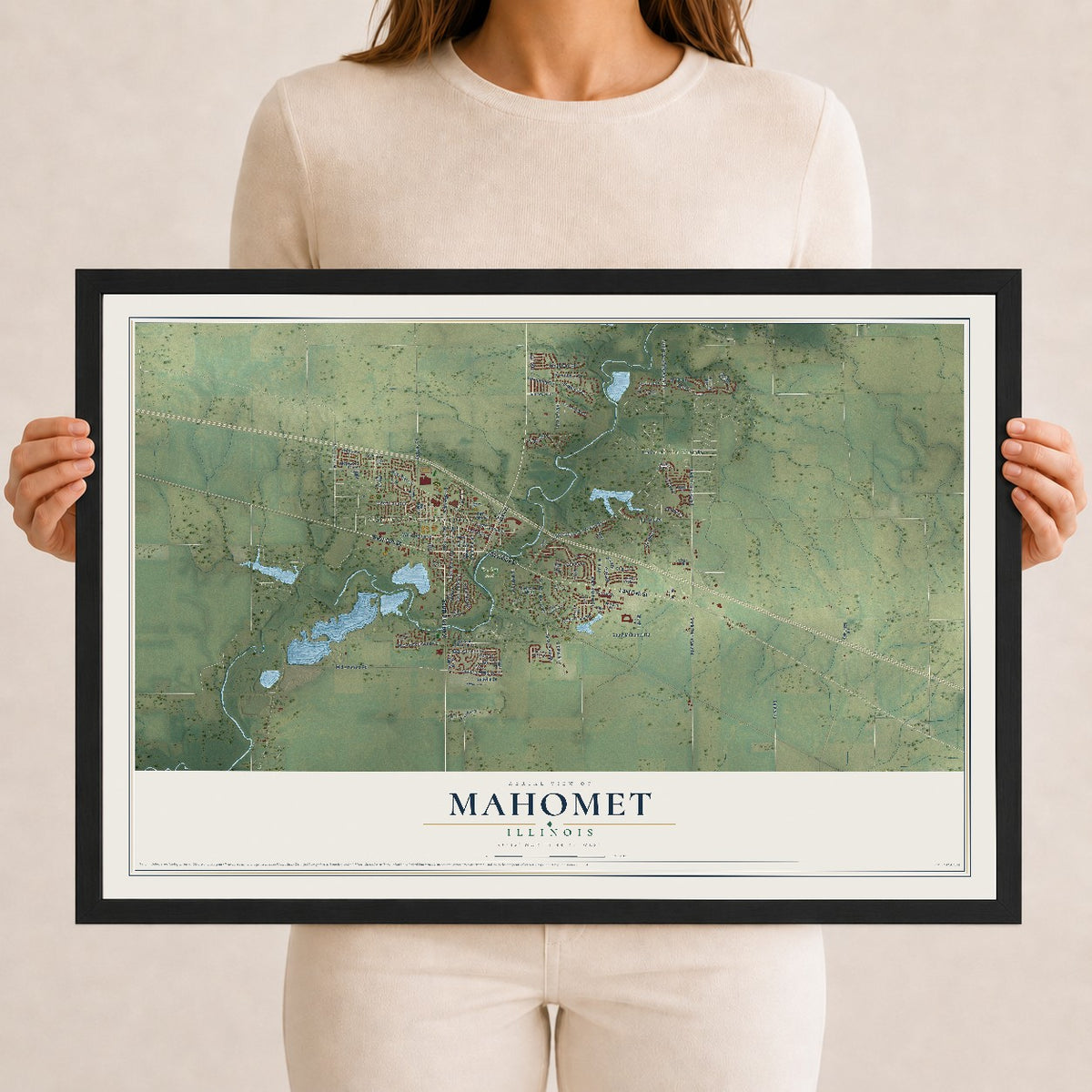 Map of Mahomet, Illinois, 12 x 18 inch print in a black wood frame