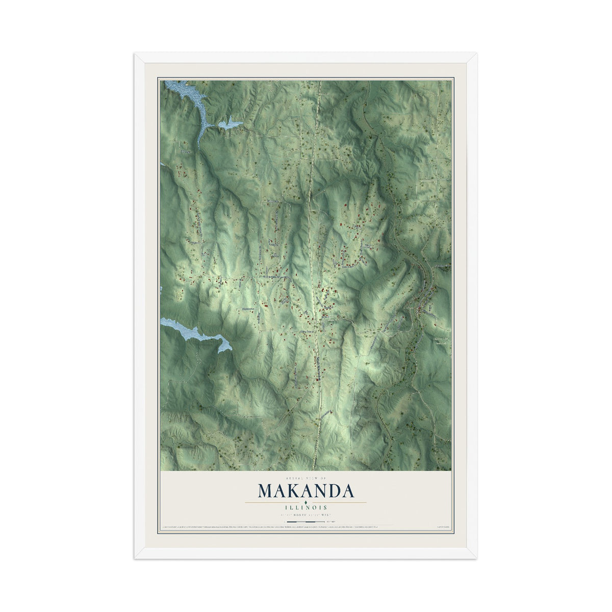 Map of Makanda, Illinois, 12 x 18 inch print in a white wood frame