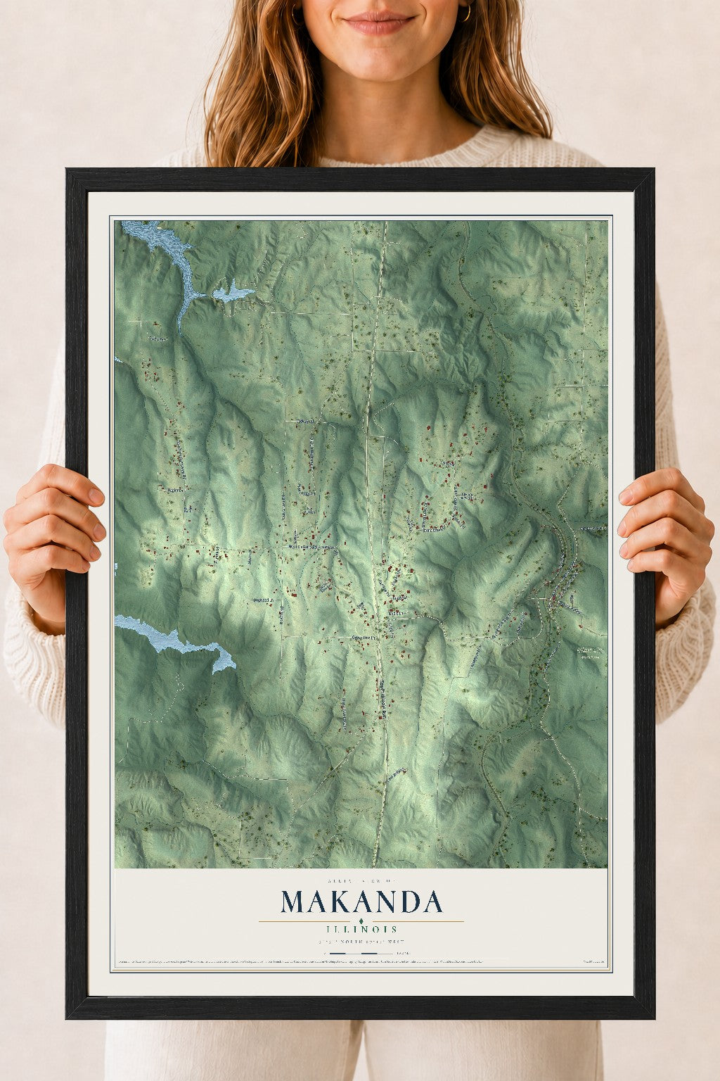 Map of Makanda, Illinois, 18 x 24 inch print in a black wood frame