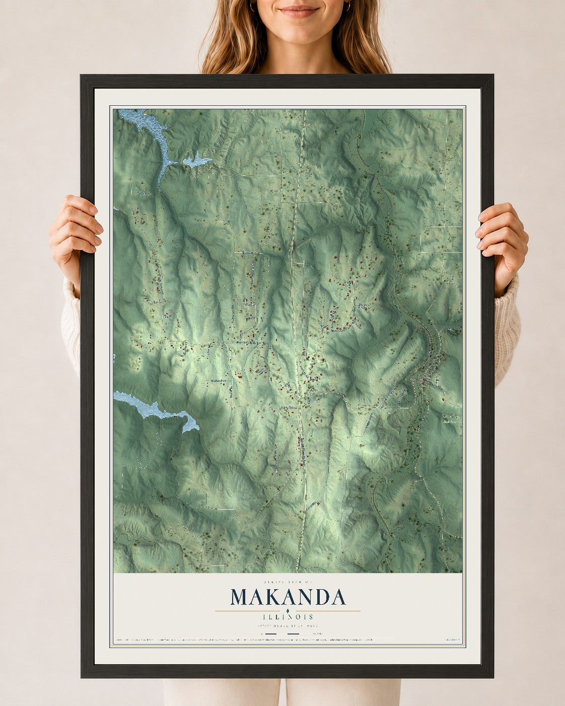 Map of Makanda, Illinois, 24 x 36 inch print in a black wood frame