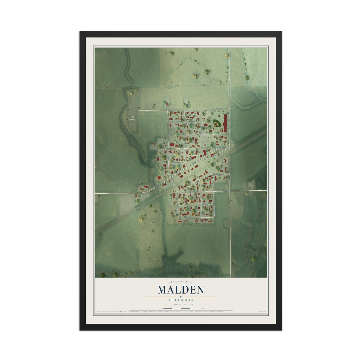 Map of Malden, Illinois, 12 x 18 inch print in a black wood frame