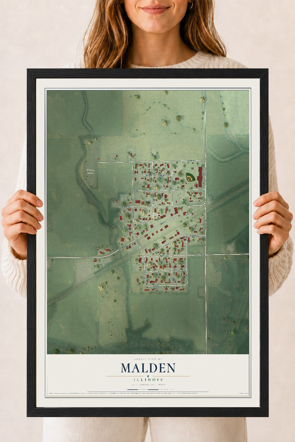 Map of Malden, Illinois, 18 x 24 inch print in a black wood frame