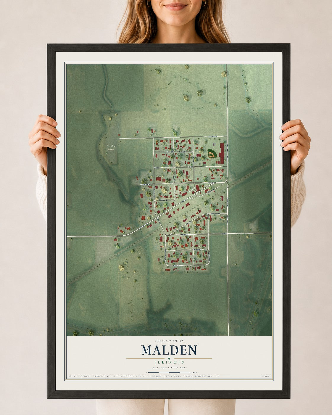Map of Malden, Illinois, 24 x 36 inch print in a black wood frame