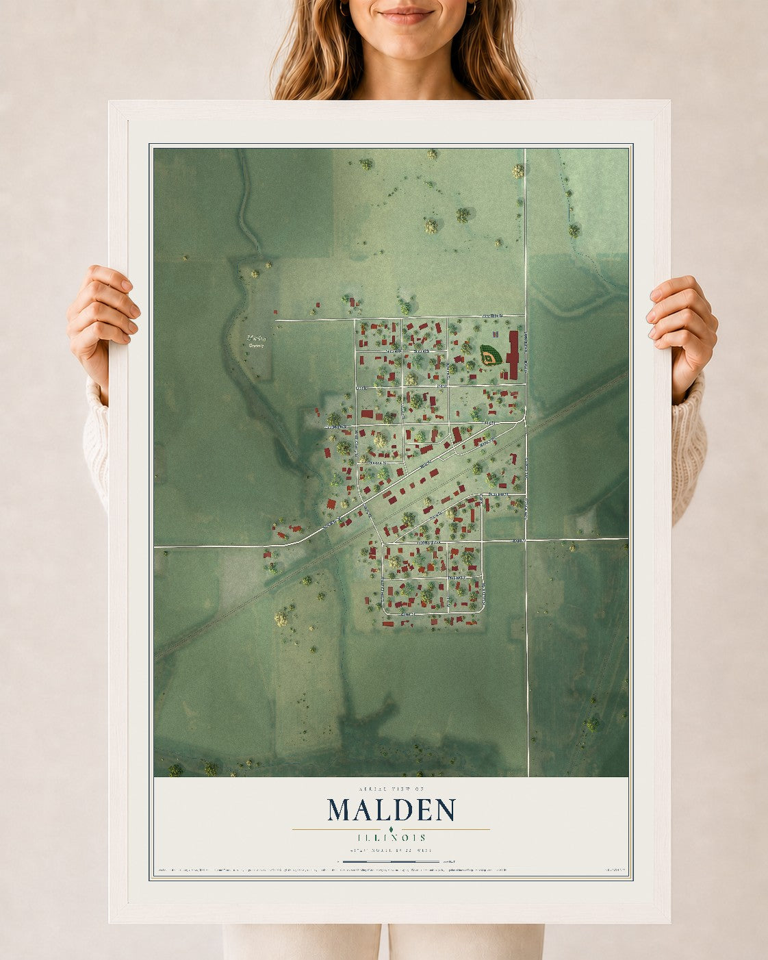 Map of Malden, Illinois, 24 x 36 inch print in a white wood frame