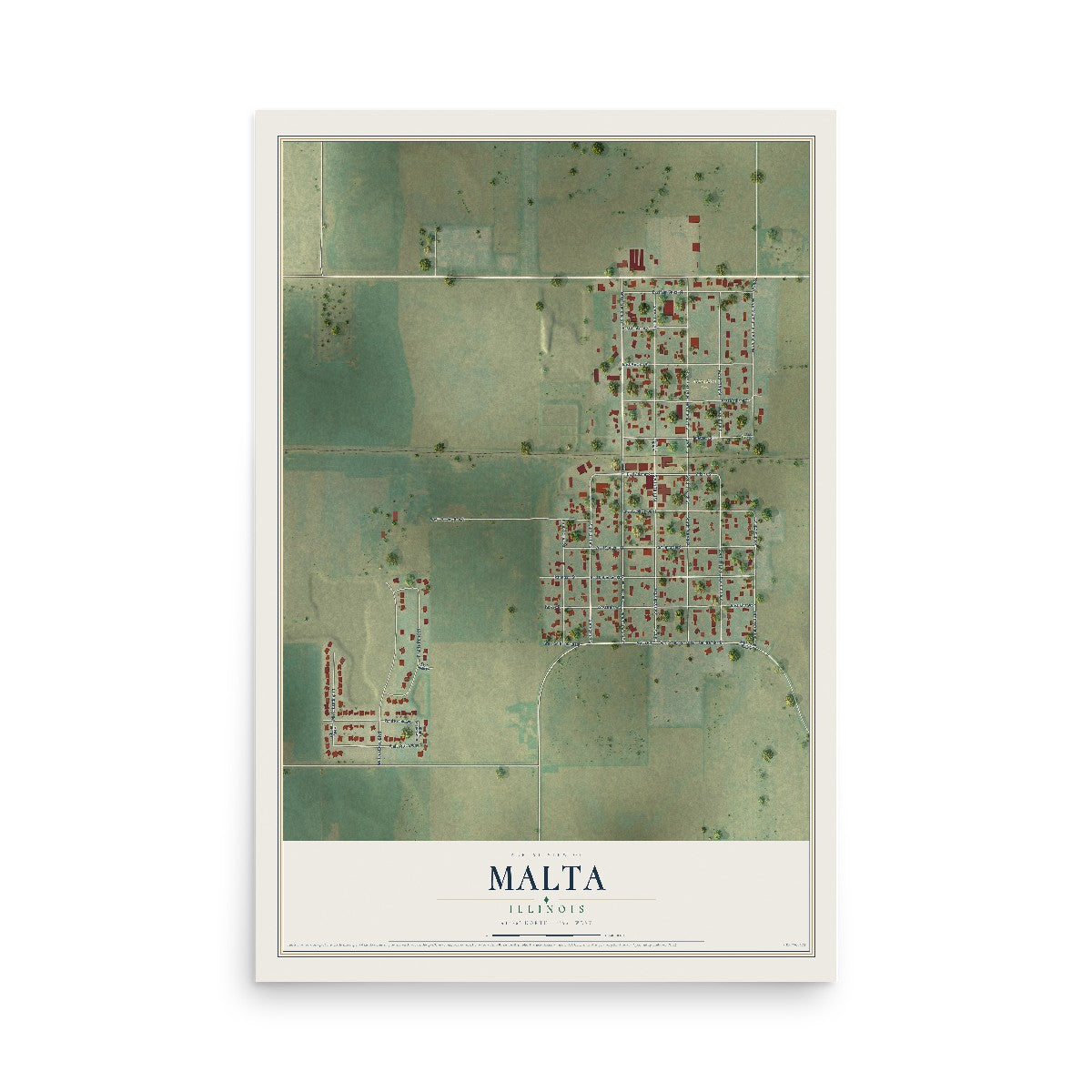 Map of Malta, Illinois, 12 x 18 inch unframed archival matte print