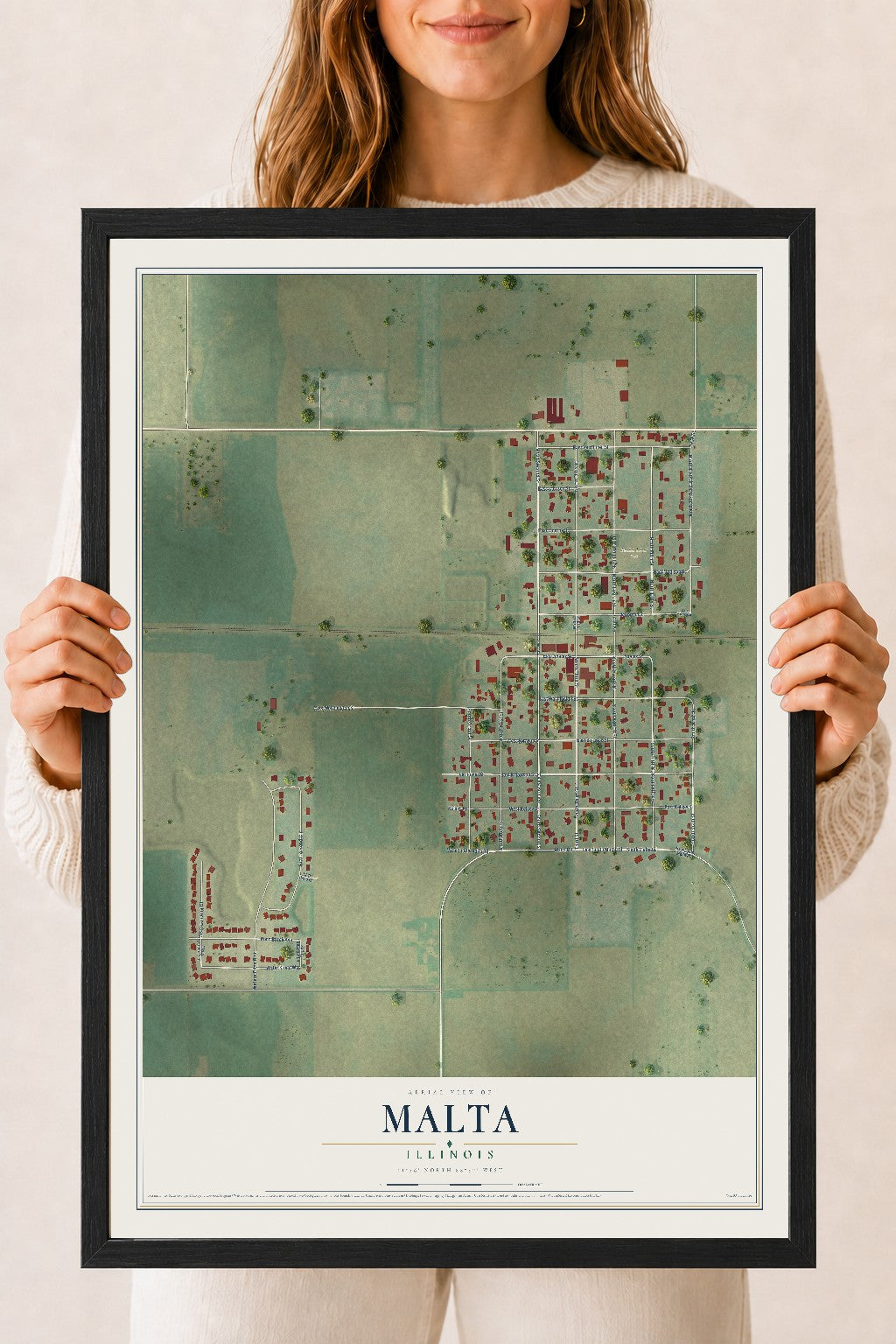 Map of Malta, Illinois, 18 x 24 inch print in a black wood frame