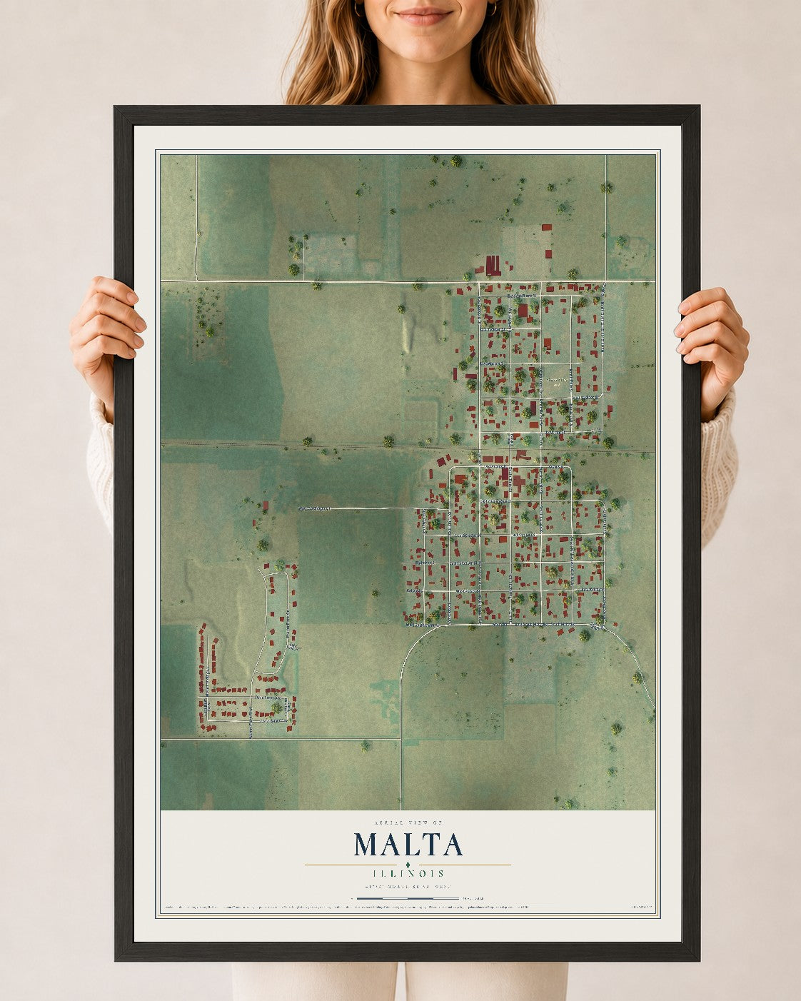 Map of Malta, Illinois, 24 x 36 inch print in a black wood frame