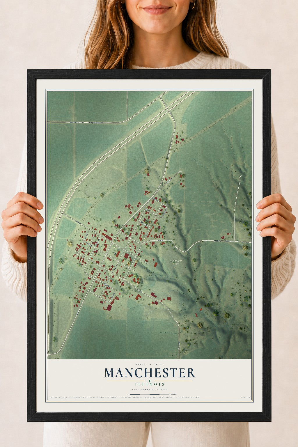 Map of Manchester, Illinois, 18 x 24 inch print in a black wood frame