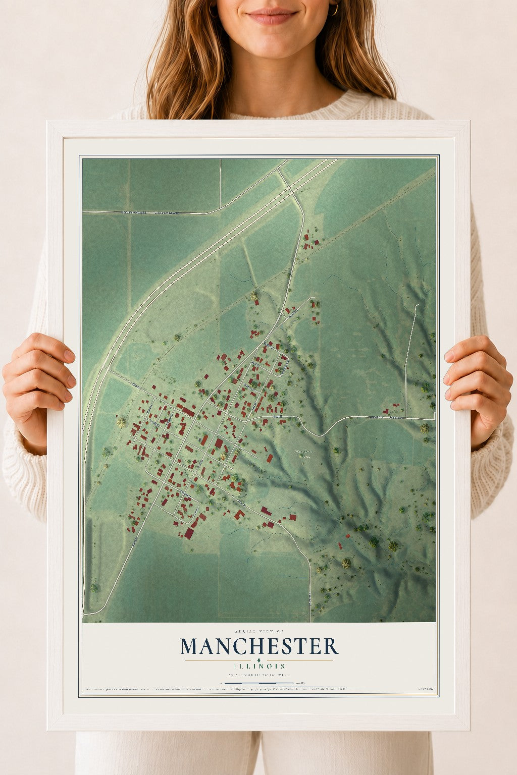 Map of Manchester, Illinois, 18 x 24 inch print in a white wood frame