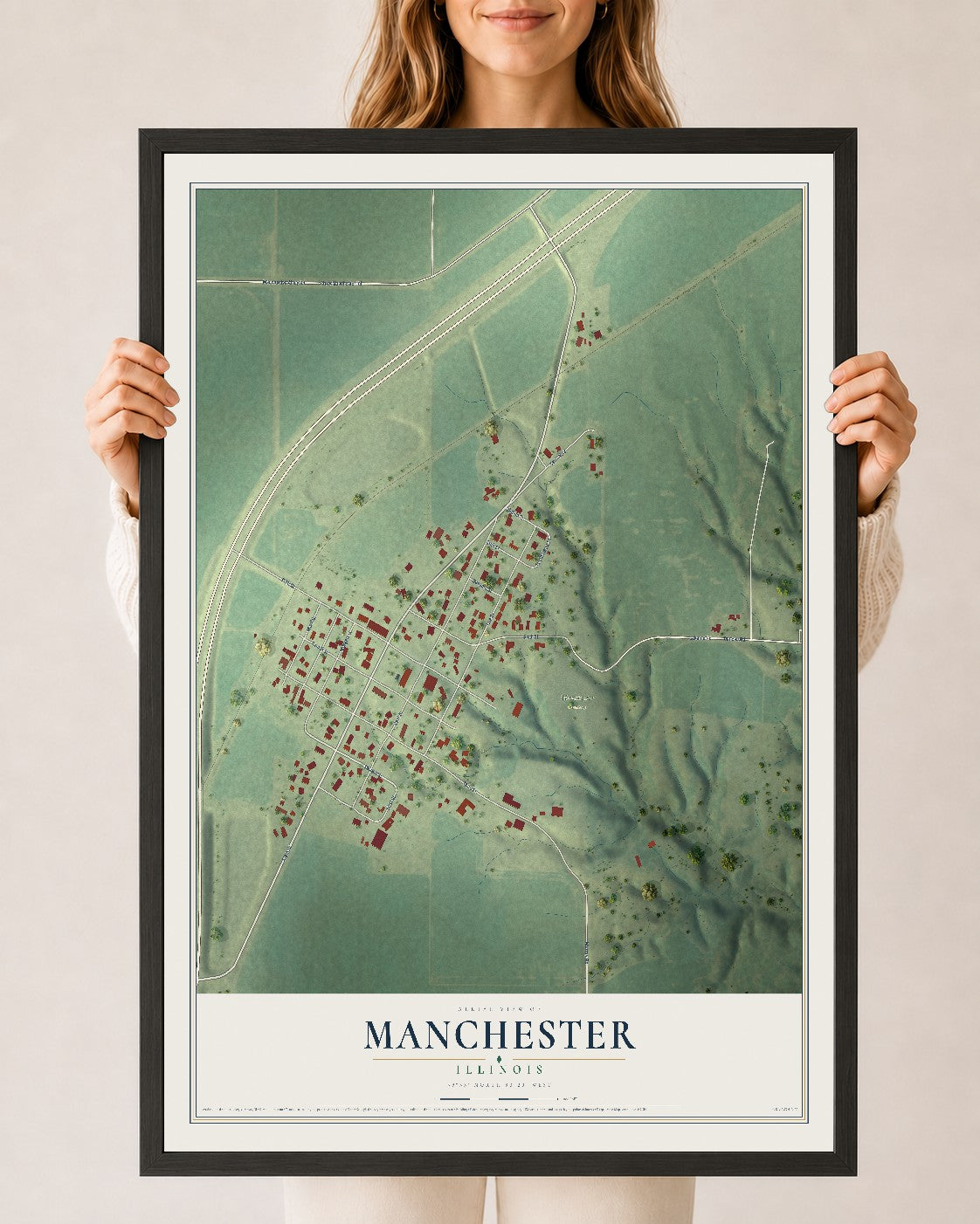 Map of Manchester, Illinois, 24 x 36 inch print in a black wood frame