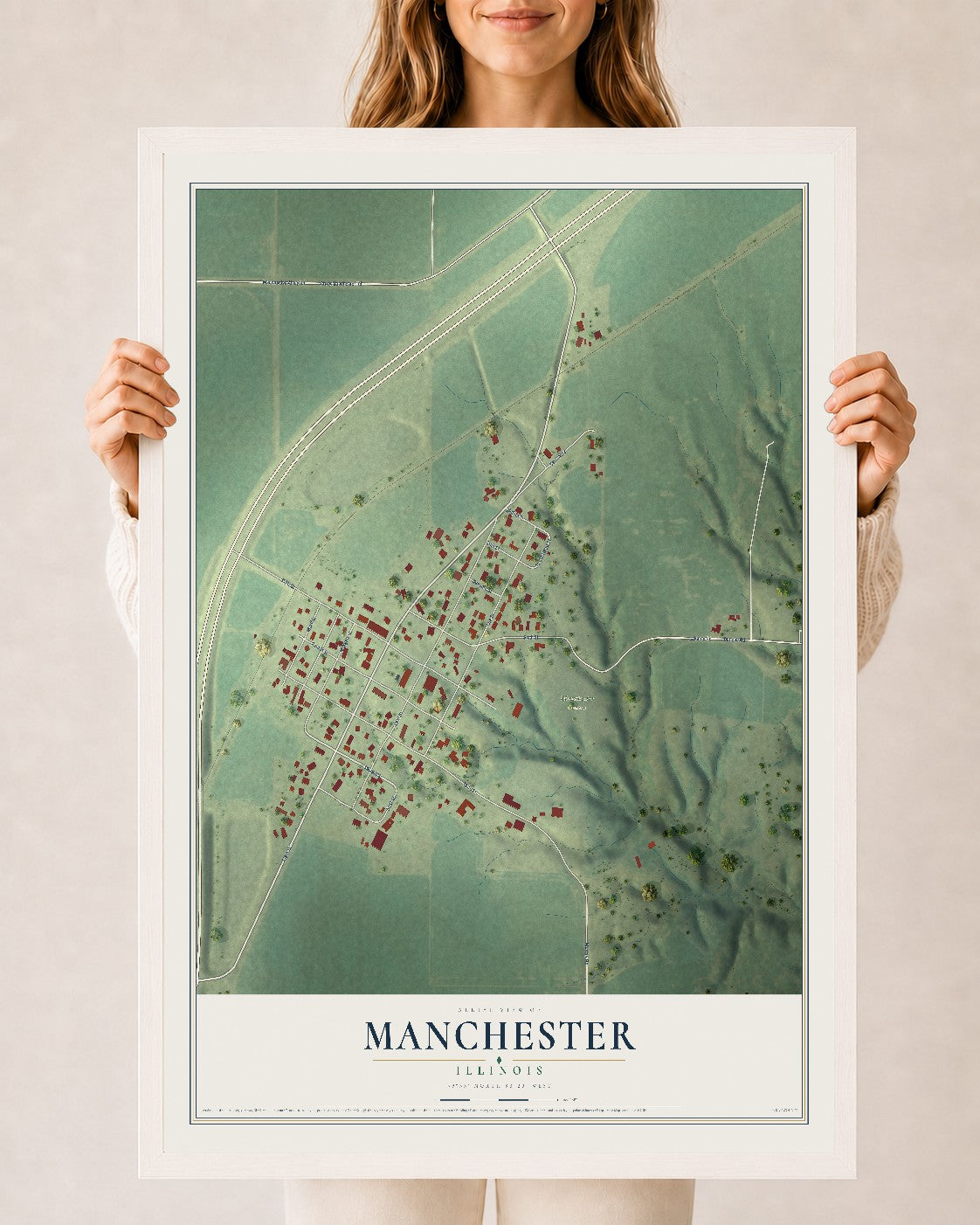 Map of Manchester, Illinois, 24 x 36 inch print in a white wood frame