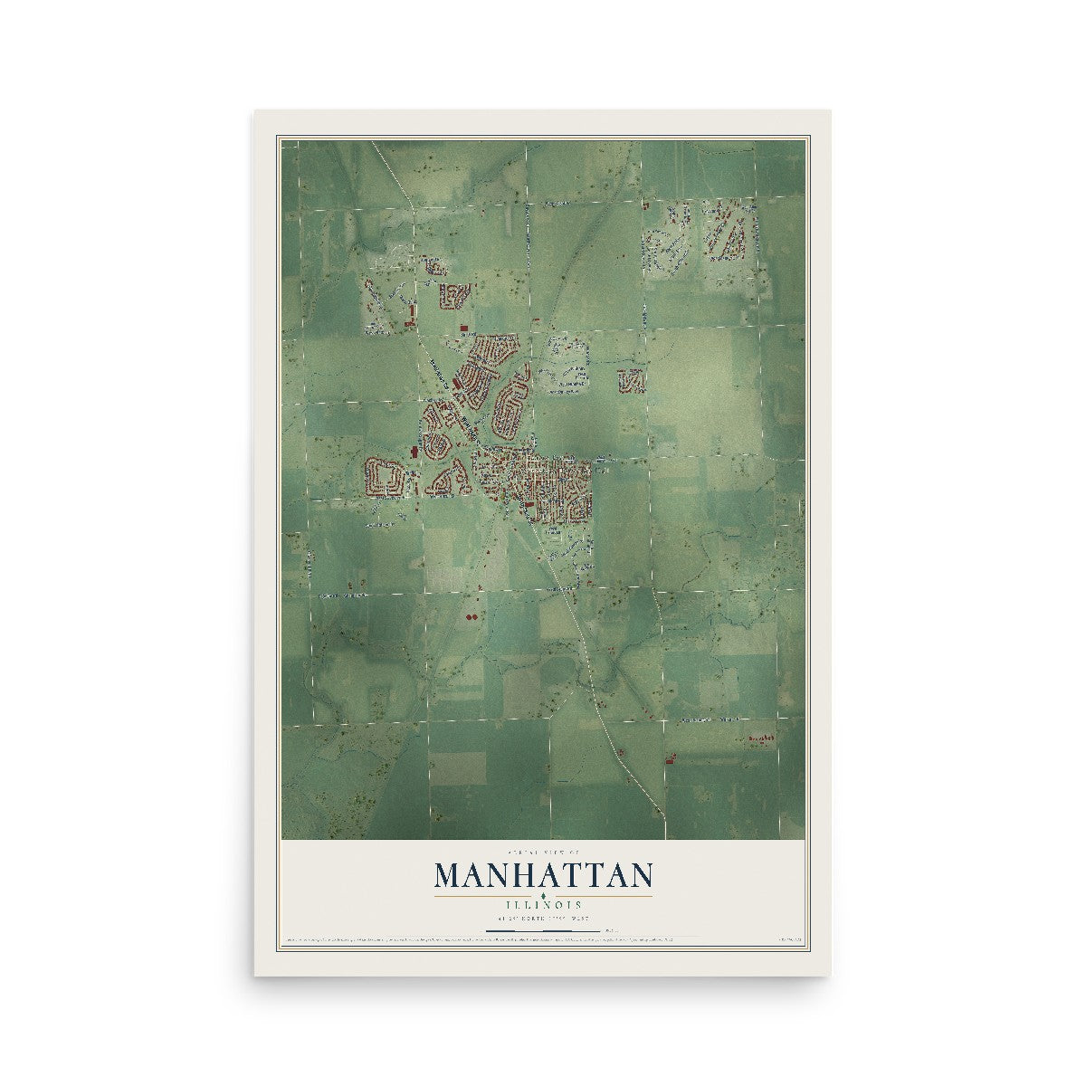 Map of Manhattan, Illinois, 12 x 18 inch unframed archival matte print